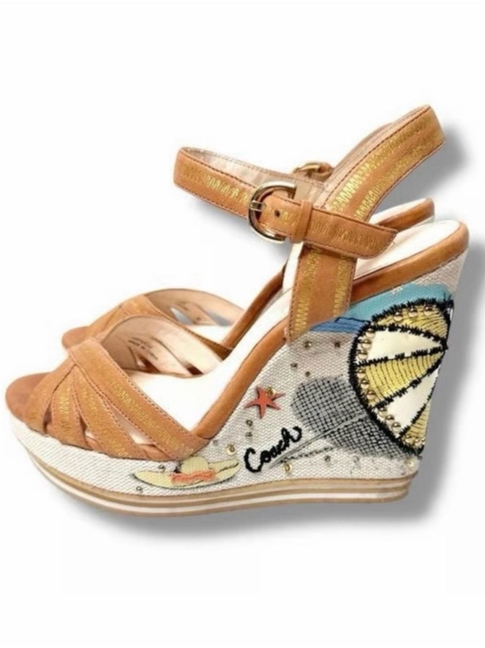 Coach Tan Leather Embroidered Wedge Sandals with Multicolor Heel